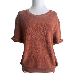 CURRENT ELLIOTT Terry Cloth Textured Rolled Short Sleeve Sweatshirt w Pockets S